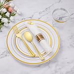 Goodluck 350 Piece Plastic Dinnerware Set for 50 Guests, Fancy Plastic Plates for Party, Dinnerware Set Include: 50 Dinner Plates, 50 Dessert Plates, 50 Pre Rolled Napkins with Silverware, 50 Cups