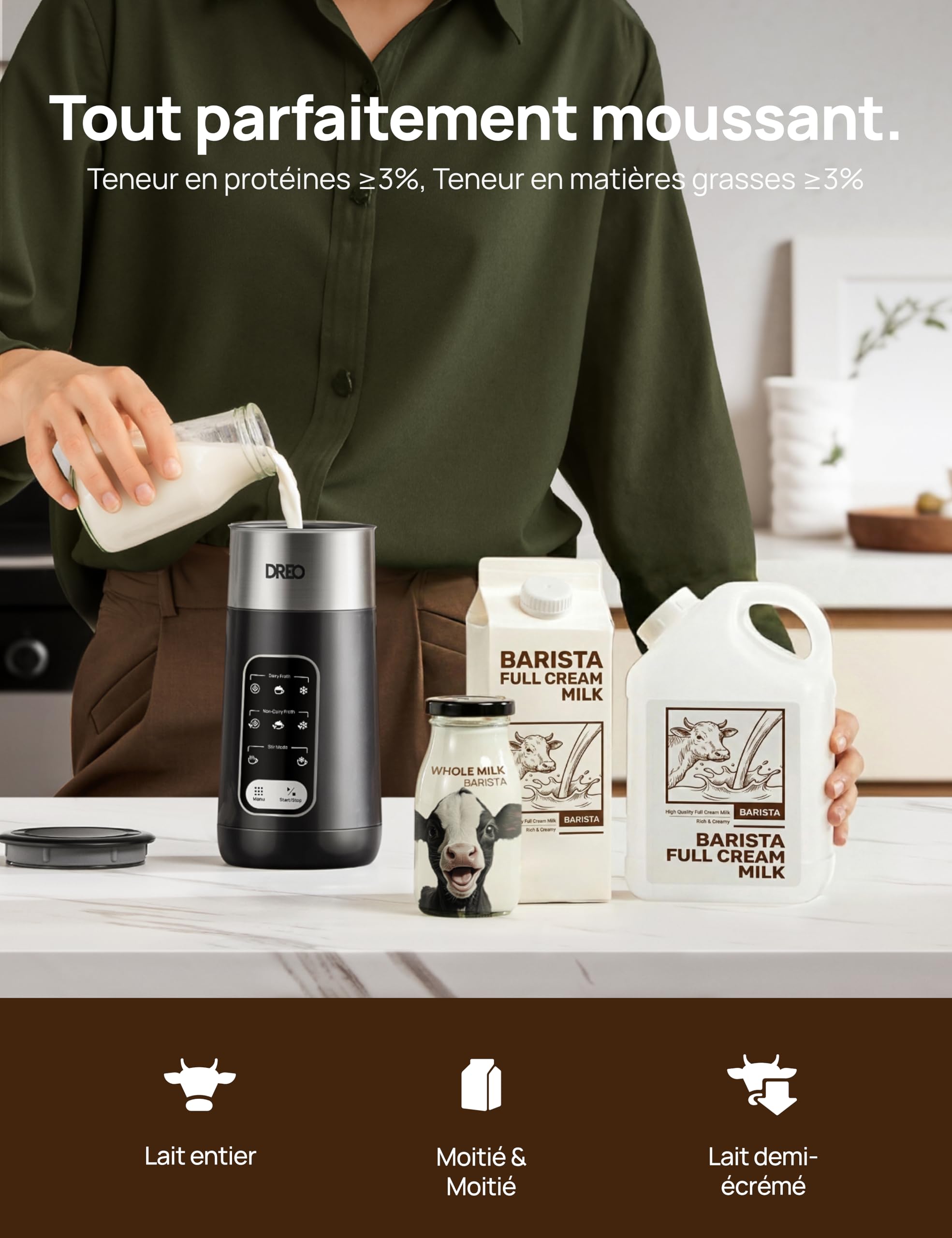 DREO Mousseur à Lait Électrique, 8-in-1 Mousseur Automatique pour Latte, Cappuccino, Chocolat Chaud, 270ml Milk Frother en Acier Inoxydable pour Mousse Chaude et Froide, LED, Facile à Nettoyer