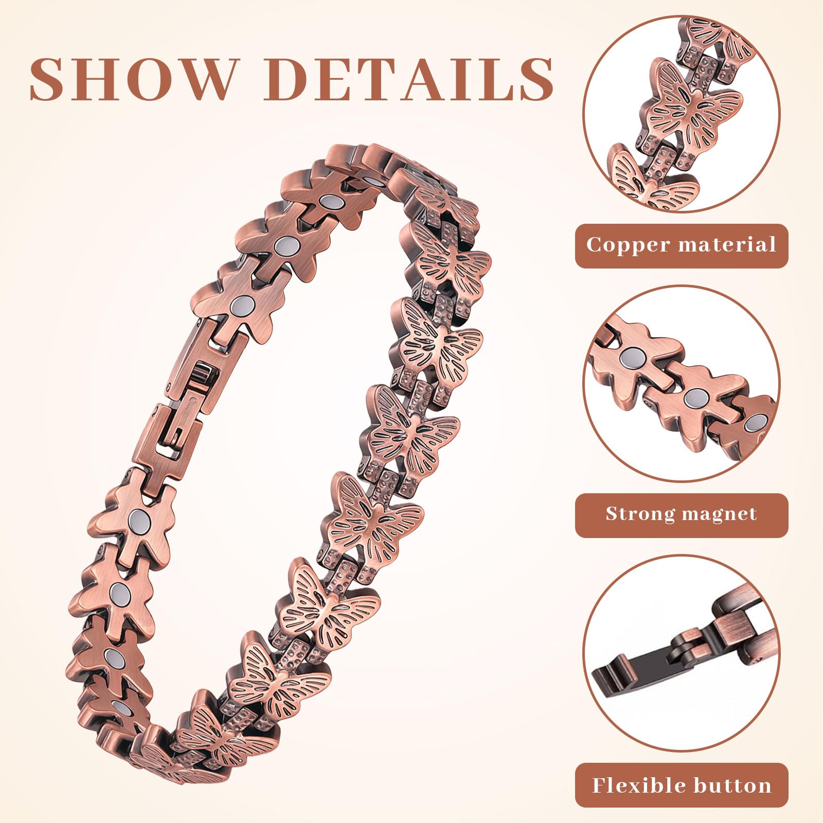 Bracelet en Cuivre pour Femmes, Bracelet Magnétique, Bracelet en Cuivre Réglable avec Forte Puissance Magnétique, Bijou Cadeau pour Femmes