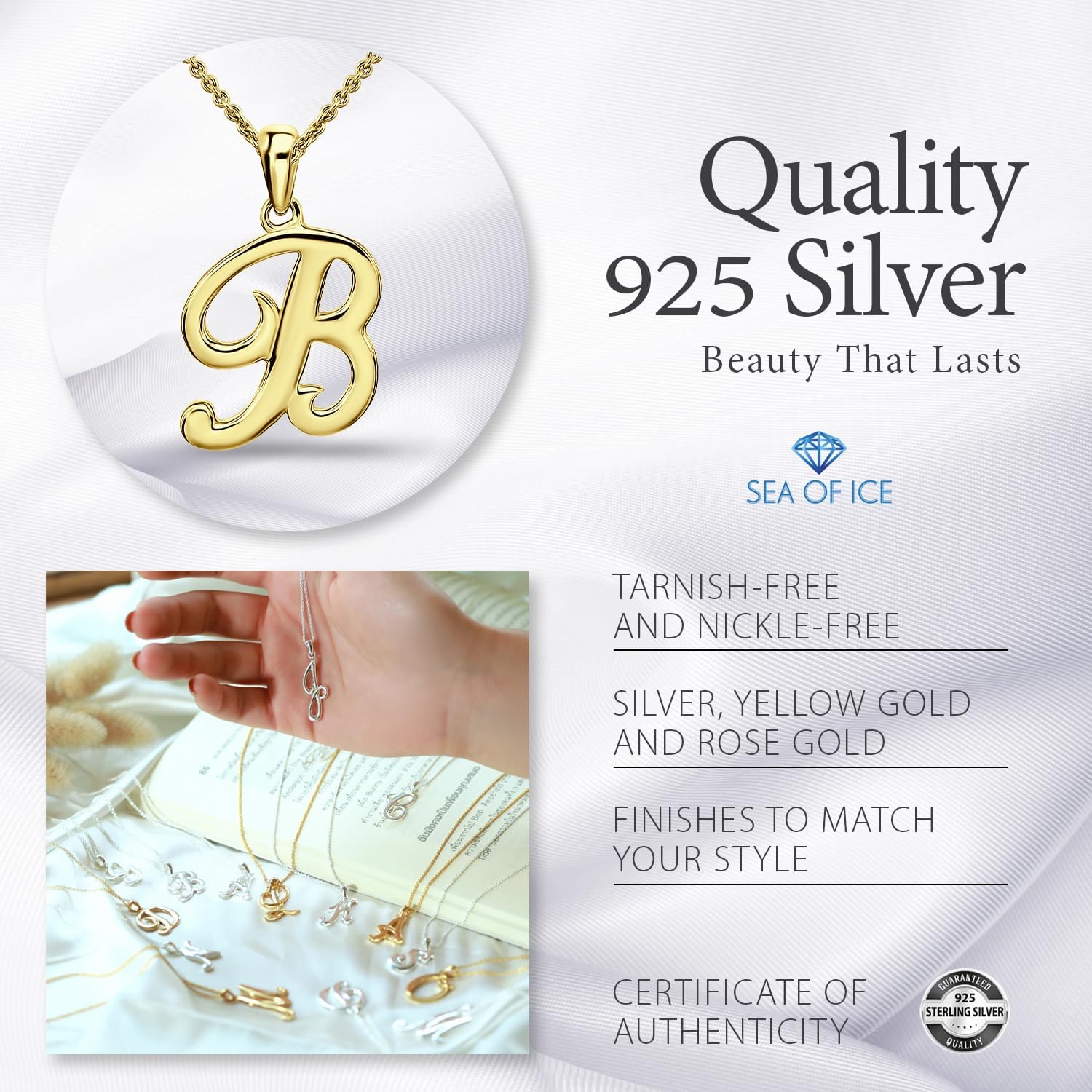 SEA OF ICE Letter Initial Necklace, Alphabet Letter Pendant Necklace, Sterling Silver, Gold, Rose Gold Necklace for Women, Elegant Initial Necklaces, Personalized Custom Women's Necklaces - Image 5