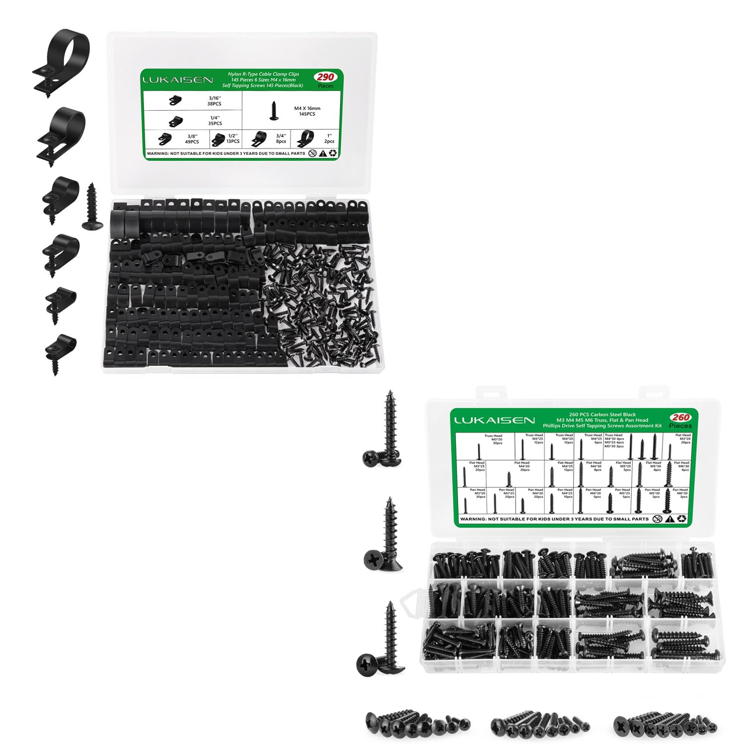 290 PCS Cable Clips for Cable Management Cord Organizer, Nylon R-Type, 3/16'' 1/4'' 3/8'' 1/2'' 3/4'' 1''with M4 Screws and 260 Pieces Phillips Pan Head Wood Screws Black Carbon Steel, M3/M4/M5/M6