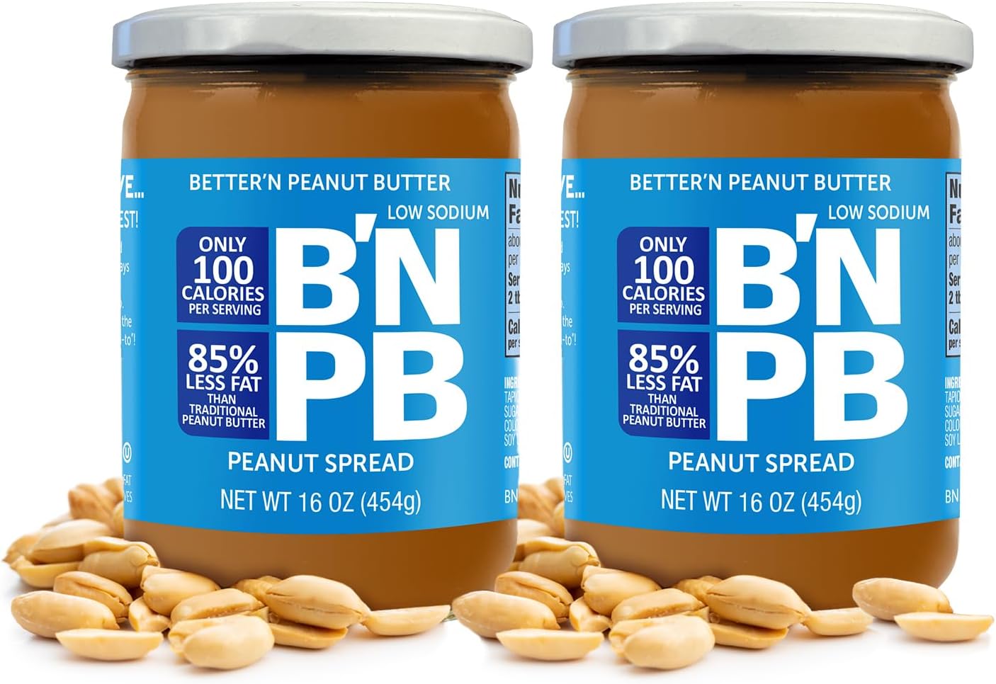 Low Fat and Low-Sodium Peanut Butter Spread by Better’n Peanut Butter, Creamy Low-Calorie Peanut Spread with No Saturated Fat, Gluten Free, Dairy Free, Non GMO, Kosher, Pack of 2, 16 oz. Glass Jars