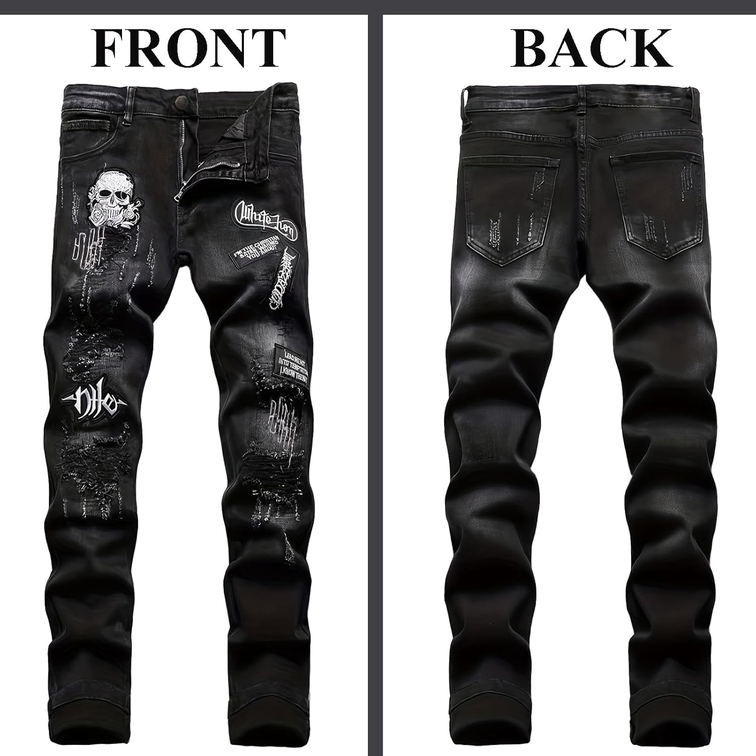 Men's Ripped Jeans Printed Jeans Black Skull Embroidered Slim Jeans Straight Leg Slim Stacked Jeans - Image 6