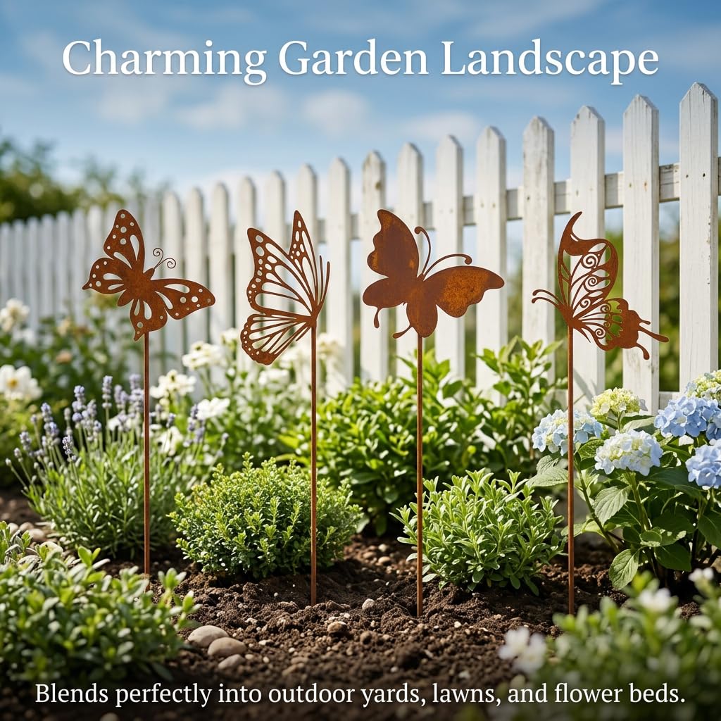 Juego de 4 estacas de jardín de mariposas, decoración de jardín para uso al aire libre, resistente a la intemperie, decoración de estaca de flores, primavera, verano, decoración de balcón