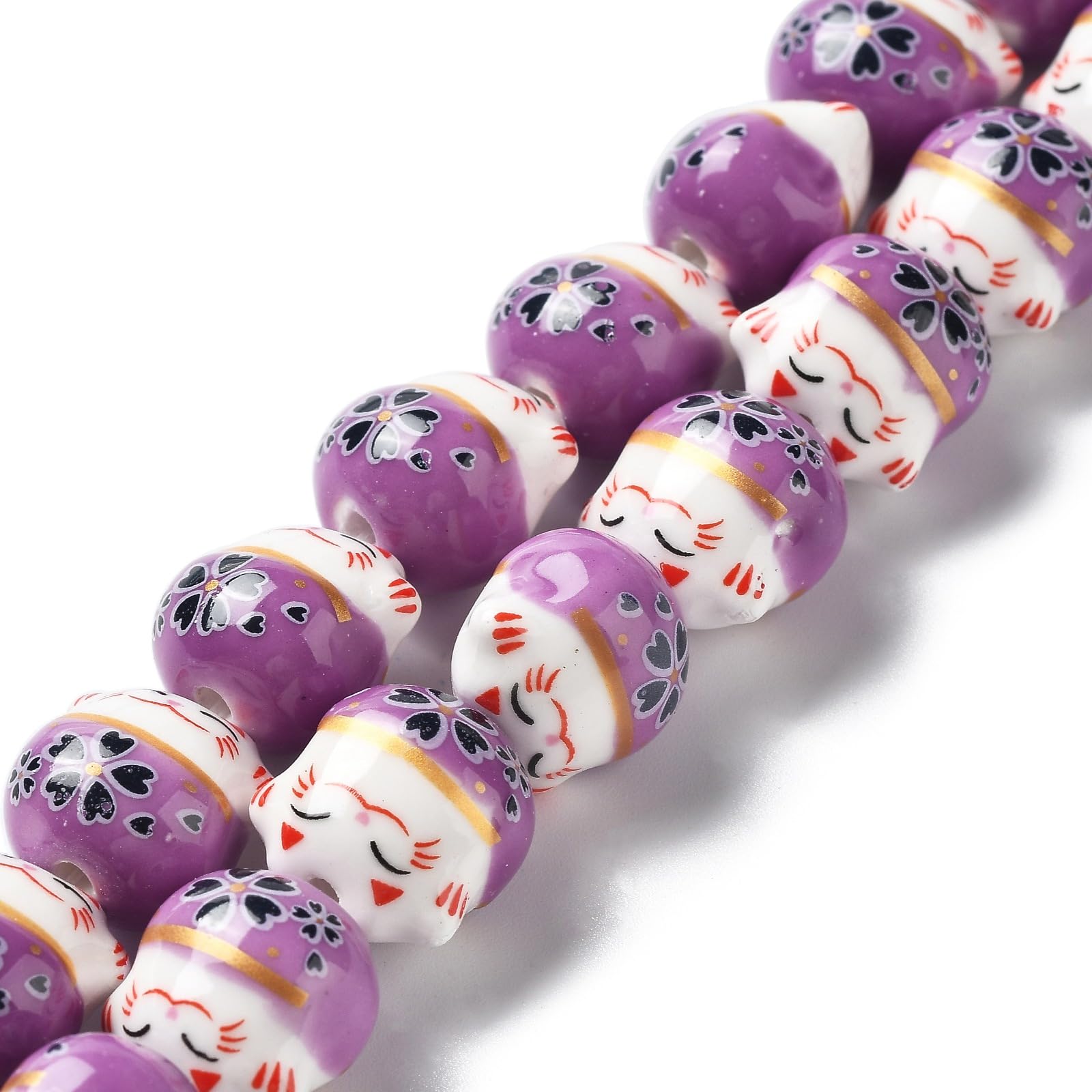 9Pcs Purple Porcelain Lucky Cat Beads Spacer Handmade Printed Maneki Neko Ceramic Beads for DIY Crafts Earrings Necklace Bracelet Keychains Jewelry Making Supplies 14x14x11.5mm