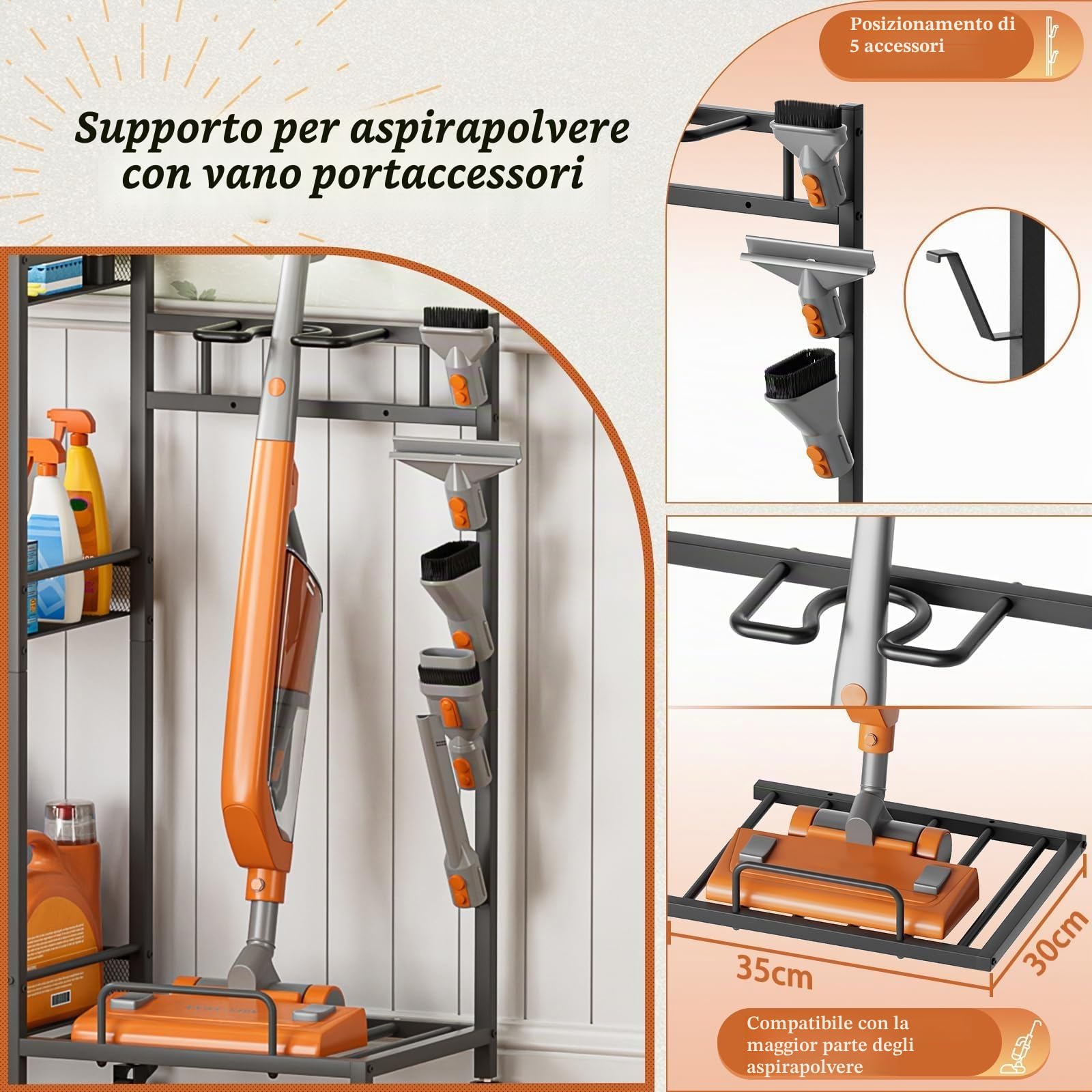 Bikoney Portascope e Organizer Prodotti Pulizia, Carrello Pulizie con Ruote e Armadietto, Mobile Porta Scope e Mocio con Supporto Aspirapolvere, Carrello Multiuso per Casa e Lavanderia