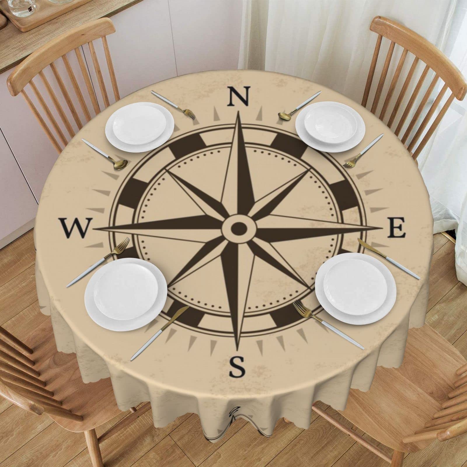 Huanjie Compass Wind Road Map Round Table Cloth Wipe Clean Tablecloth Polyester Dining Table Cover For Cafe Restaurant Buffet Tabletop Decoration - 60 Inch