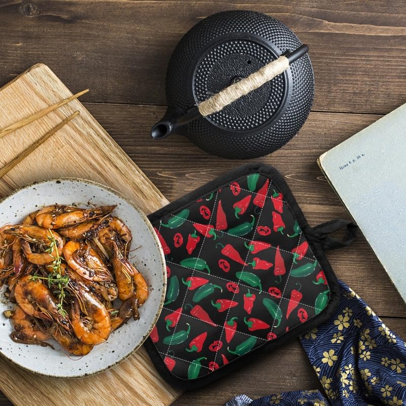 Jndtueit Red Chili Hot Pads Washable for Kitchens, Cartoon Hot Pepper 2 Set Heat Resistant Potholder Multipurpose with Hanging Loop, Green Chilli Potholder for Cooking & Baking