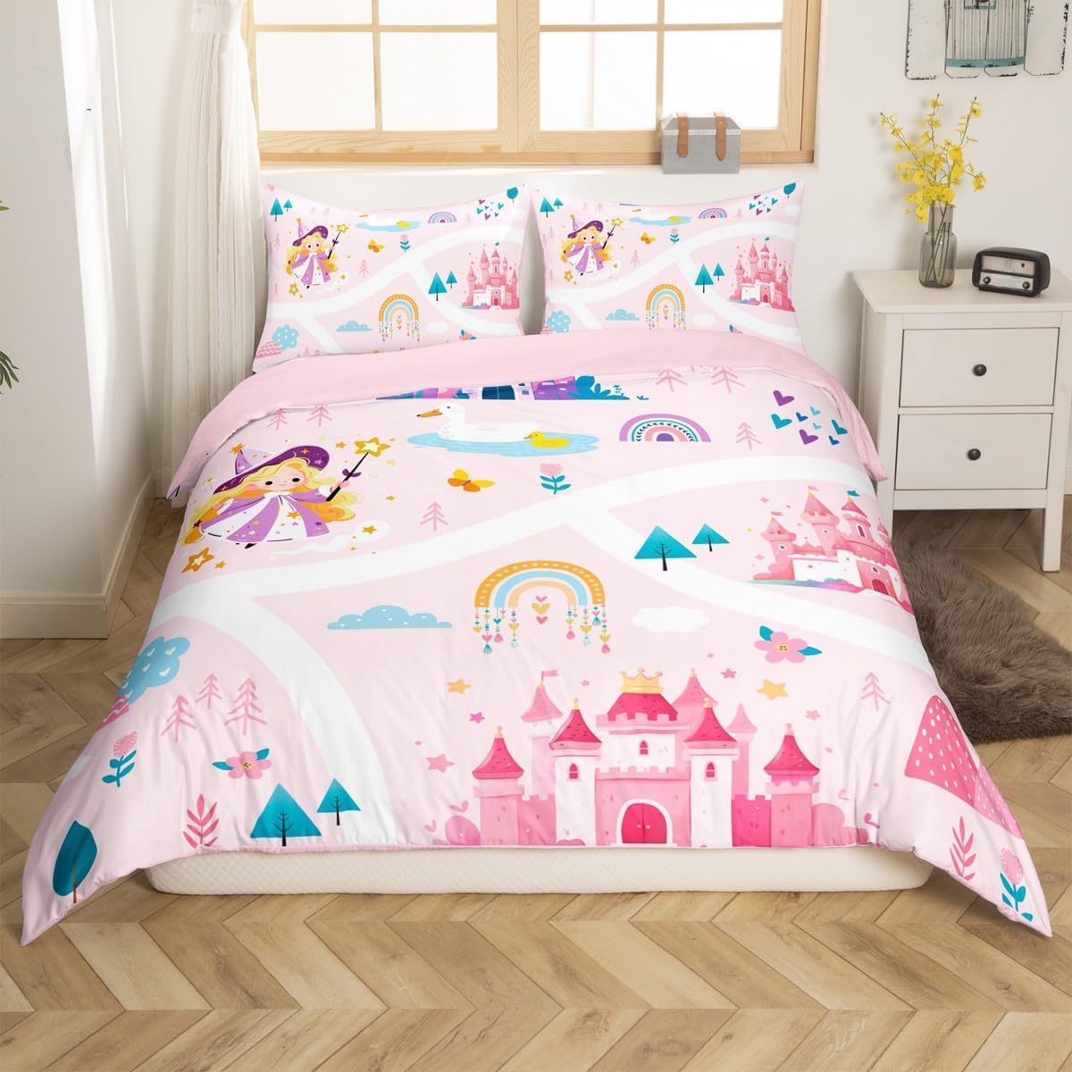 Feelyou Kids Full Pink Ballet Bedding Set Dancing Ballerinas Duvet Cover Pink Bow Tie Comforter Cover for Kids Boys Girls Lace Bedspread Cover Adult Bedroom Decor with 2 Pillow Case (No Comforter)