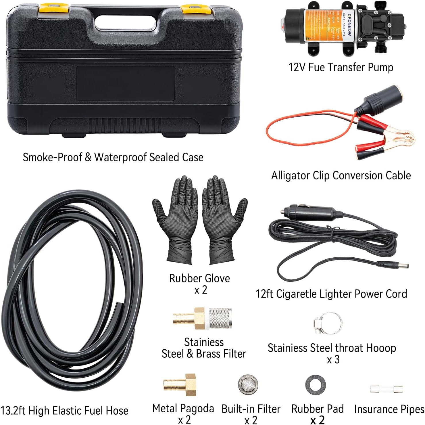 12V Electric Fuel Transfer Pump, Gasoline Transfer Pump Moves 90 Gallons of Gas or Diesel Per Hour. Kit Great for UTVs, Boats, Equipment, Cars, Diesel, Etc (80W DC Motor)
