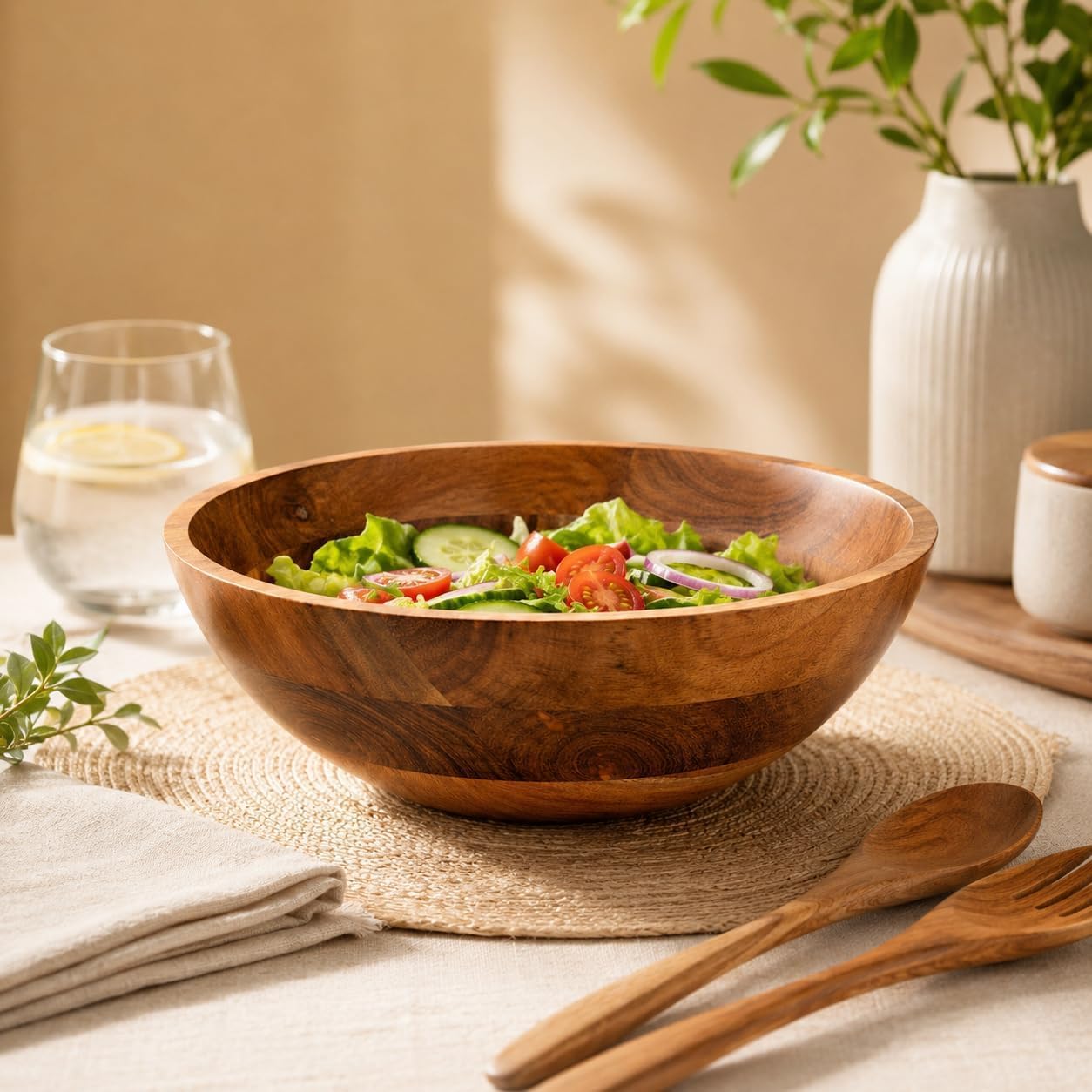 Acacia Wooden Salad Bowl | Serving Bowl | Mixing Bowl for Kitchen | Chef Decorative Bowl for Soup Serve-Ware & Snacks | 29x29x10 CM |-image-8