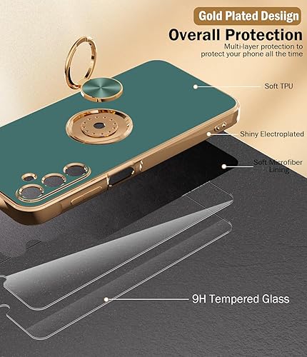 Miniatura 5 de Funda para Samsung Galaxy A55 5G con protector de pantalla 2 unidades, soporte de anillo giratorio de 360 chapado en oro rosa, soporte magnético