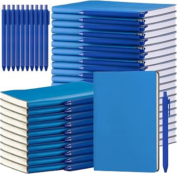 Jetec 30 Pack Notebooks Journals with 30 Pens, Bulk A5 Softcover Leather Notepad Journal with Pen for School Business Work Writing, 200 PagesBlue,Plain
