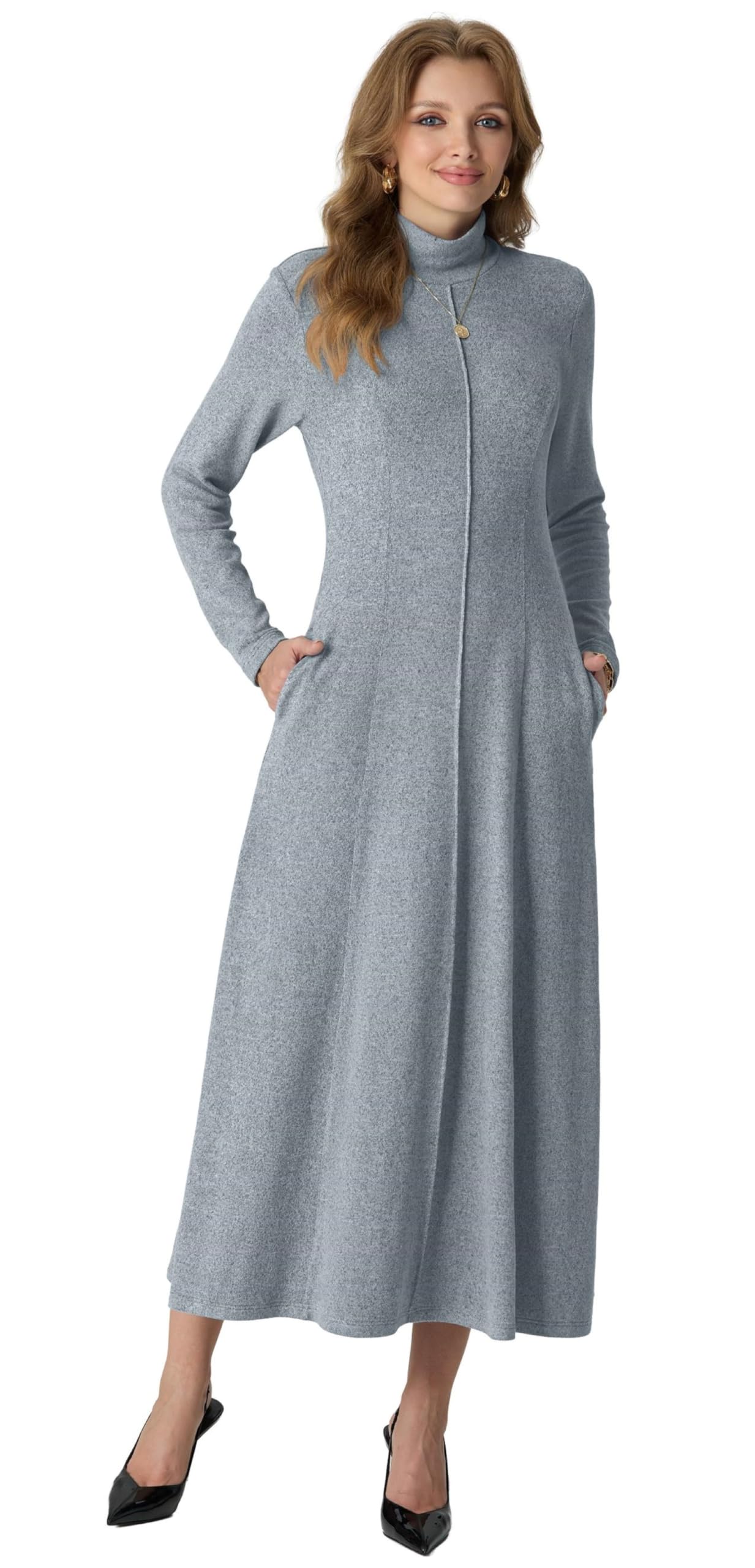 GRECERELLE Robe longue pour femme à col roulé et manches longues pour l'automne et l'hiver - Élégante et décontractée - Pour le travail, les rendez-vous galants, le salon - Robe longue extensible avec