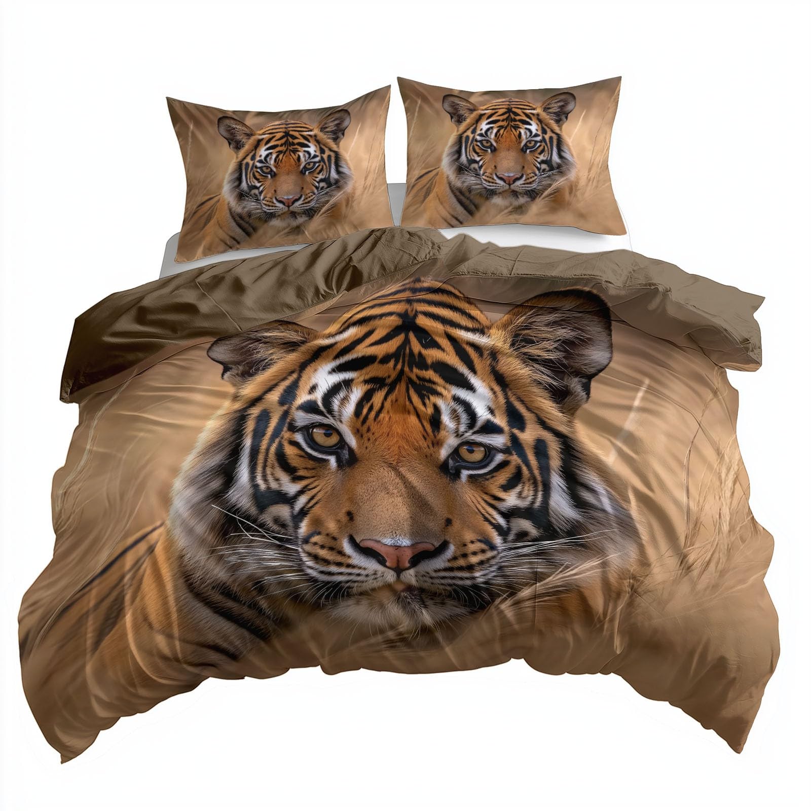 Housse de couette tigre douce en polycoton avec fermetures éclair invisibles et taies 65x65 cm