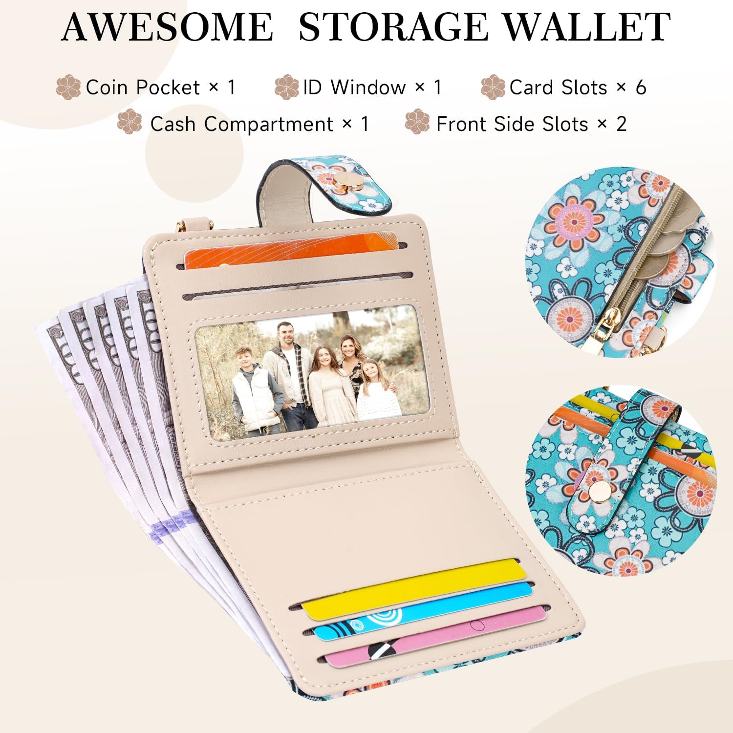 APHISON Women RFID Slim Bifold Wallet, Card Holder with Zipper Coin Purse, Ultra-Thin Compact Wallet with ID Window Minimalist Floral - Image 3