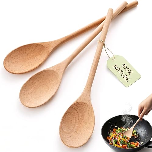 HANSGO - 3 cucharas de madera de haya europea de 10 pulgadas para cocinar, cucharas de mezcla de madera resistentes al calor, sin arañazos para