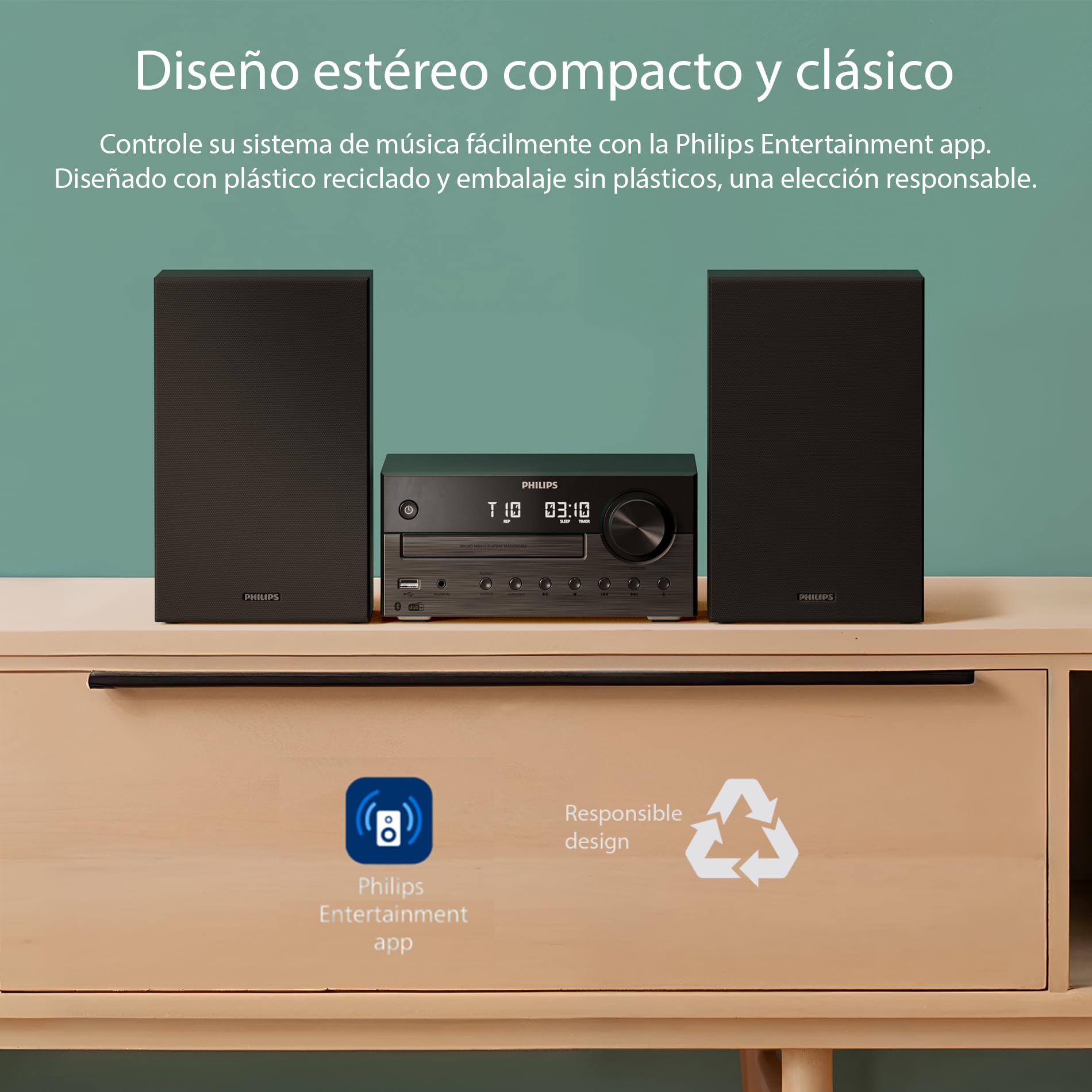 Philips TAM4555M2 Sistema Micro Hi-Fi –100W, Altavoces con Bass Reflex, DAB+/ FM, CD, USB, Entrada Audio, Bluetooth 5.4, Auracast, Control Remoto, Preconfiguraciones Sonido Digital, Embalaje Ecológico
