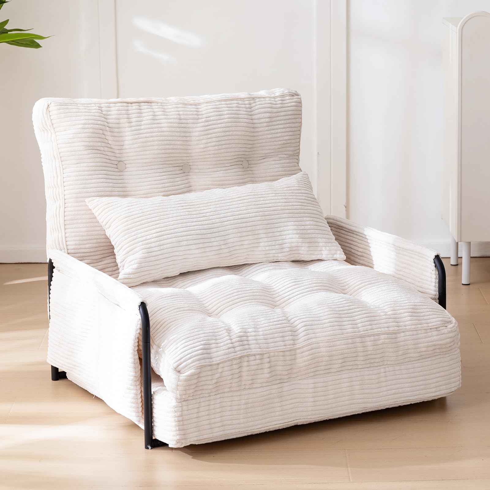 MAXYOYO Adjustable Floor Sofa Couch with Pillow, Multi-Functional Bean Bag Bed, 5-Position Foldable Lazy Sofa Sleeper Bed with Armrest, Versatile Floor Seating Sofa for Reading Gaming, Beige, Single