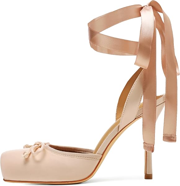 Satin Ballet Heels for Women Closed Square Toe Bow Ballerina Heels Lac...