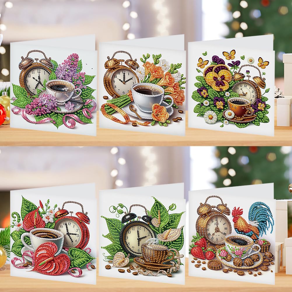 SPEPROECO 6PCS Coffee Cup DIY Diamond Art Painting Cards Rhinestone Painting Greeting Card Kit Easter Handmade Card Crafts for Brithday Easter Party Favors
