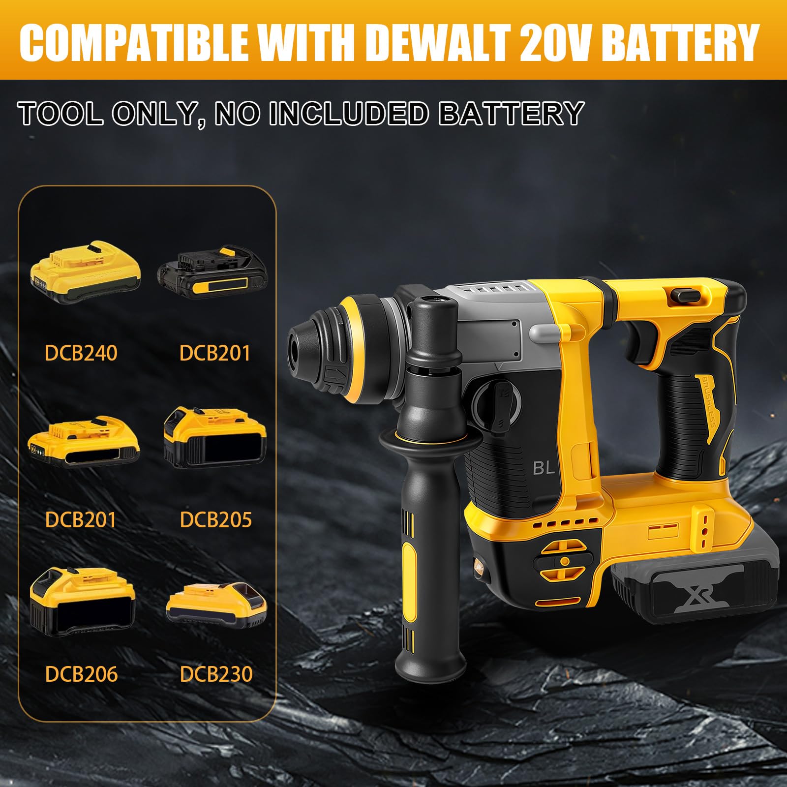 1250W Hammer de forage 2-en-1 pour 22 mm DeWalt 20V batterie(sans batterie) | Roadtime brosse sans vitesse du marteau 3500rpm,3 J percussion machine avec 3x broche SDS PLUS