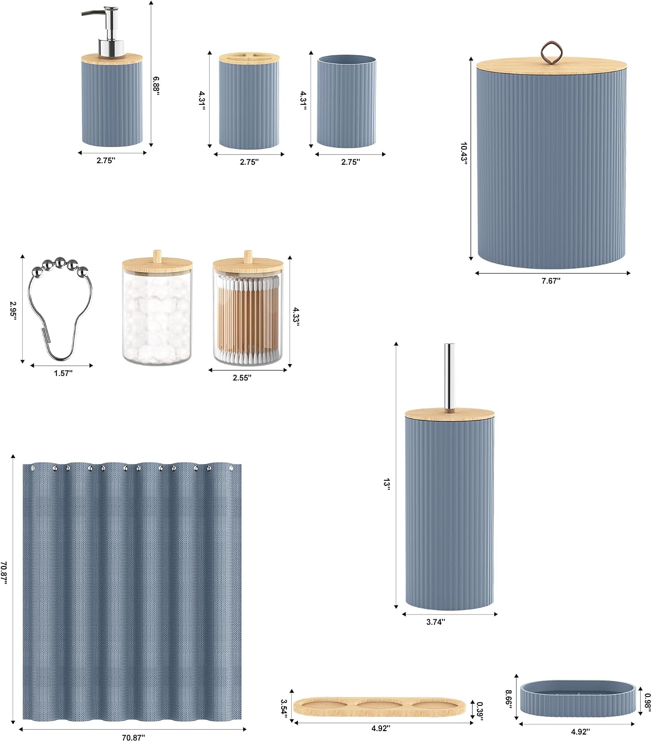 22Pcs Grey Blue Bathroom Accessories Set Shower Curtain Decor Kit | All-in-One Decor Kit with Hooks, Waste Bin, Soap Dispenser & Toothbrush Holder, for Home, Hotel, RV & Apartment