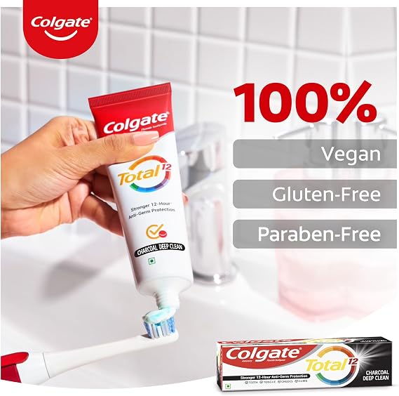 Colgate Total 120gm/4.2oz x 4pcs (480gm/16.9oz) Charcoal Deep Clean Comboo Toothpaste and Toothbrush, Stronger 12-Hour Protection, Whole Mouth Health Pack of 4