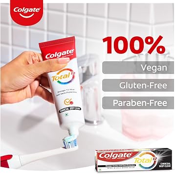 Colgate Total 120gm/4.2oz x 4pcs (480gm/16.9oz) Charcoal Deep Clean Comboo Toothpaste and Toothbrush, Stronger 12-Hour Protection, Whole Mouth Health Pack of 4