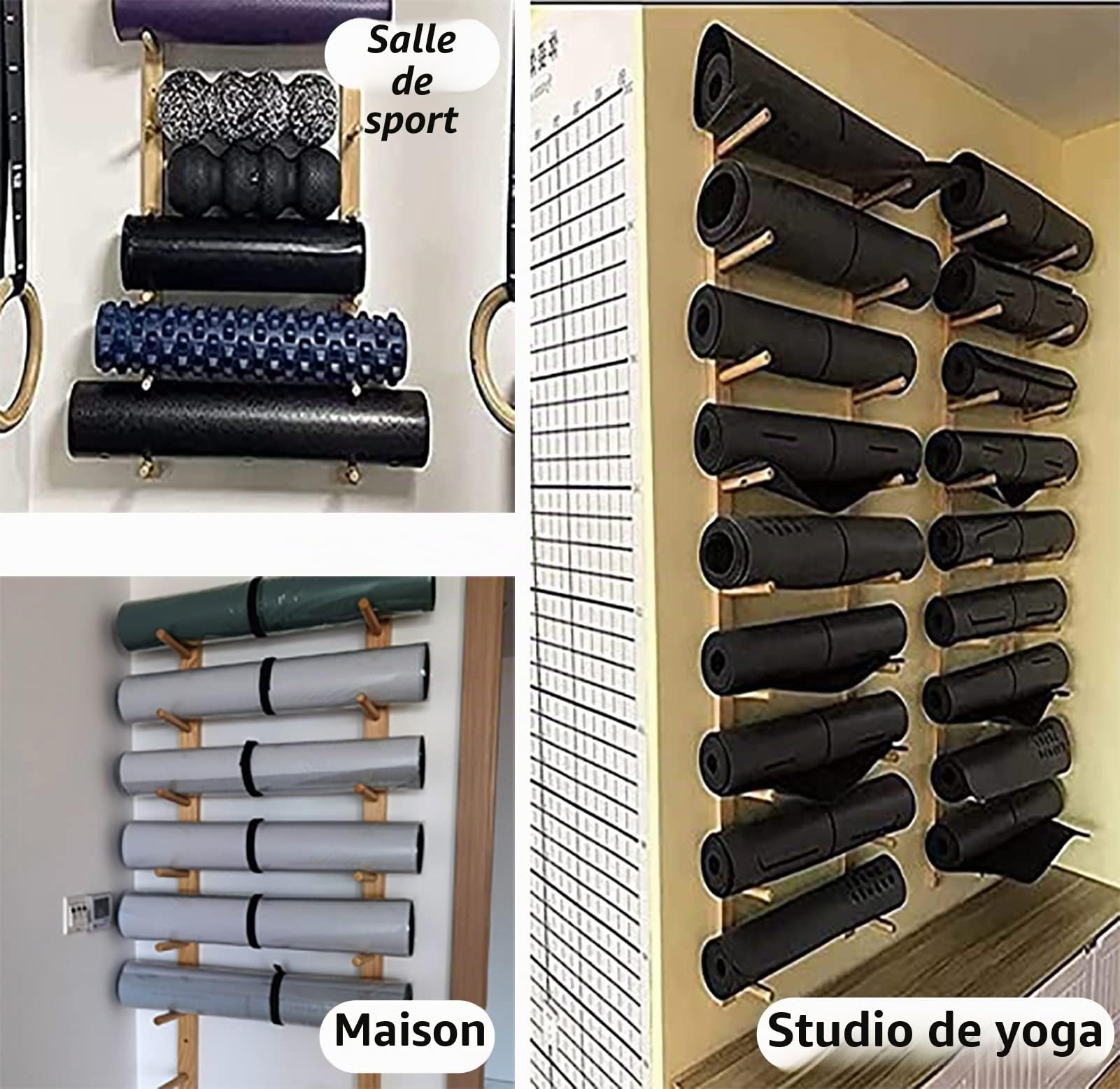 Support Rangement Tapis Yoga Porte-Tapis de Yoga Mural Multicouche, Points de Rangement en Bois de Yoga en Bois Équipement de Gym de Gymnase Étagère, pour Studio de Bureau