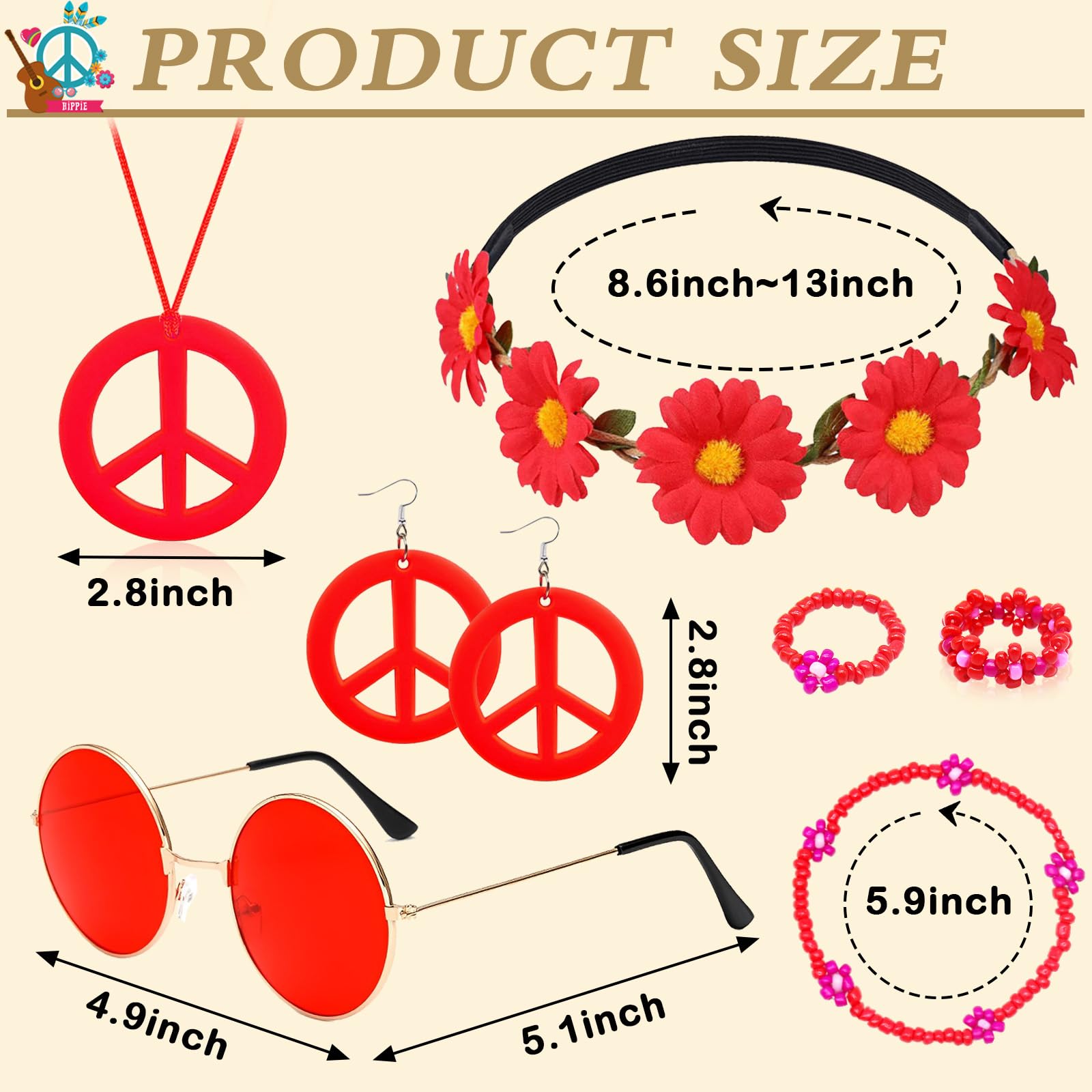 Dazzroi 7Pcs Hippie Costume Accessories for Women 60s 70s Dressing Accessories Set including Plastic Necklace Earring Flower Headband Bracelet Ring Sunglasses Retro Deco for Dress Up (red) - Image 2