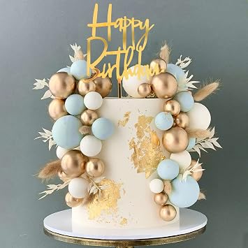 Blue Balls Cake Topper Boho Grass Cake Topper Blue White Gold Pearl Balls Happy Birthday Cake Decorations for Wedding Birthday Boho Themed Supplies Blue