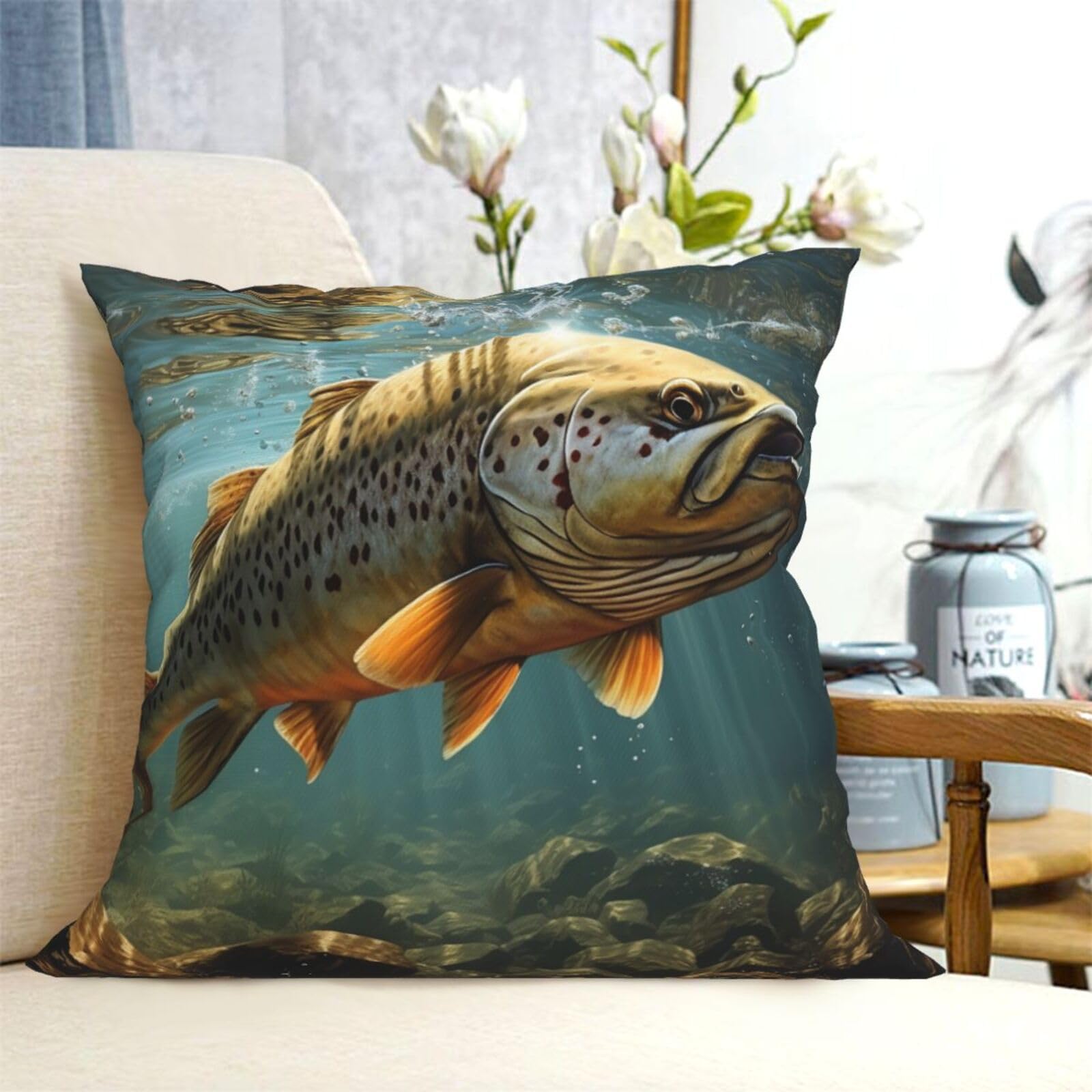 Fodpand Black Decorative Throw Pillow Covers 18"X18" Fish Cushion Cases Square Modern Farmhouse Pillow Cases Soft Cozy Cushion Covers For Couch Sofa Bedroom Home Decor Pillowcase
