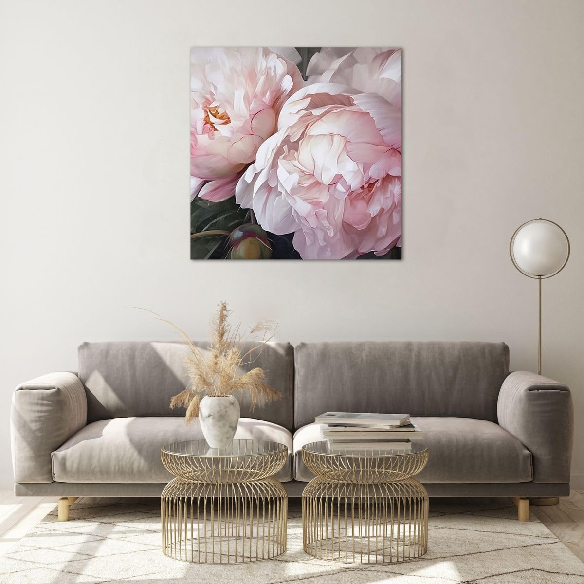 Moderne Impression sur Verre 70x70cm Image Tableau en Verre Decoration Murale Fleurs Pivoines Romantique Grand Tableaux Decoratifs Muraux Chambre Cuisine Carré Deco Cadre Salon Art Wall GAC70x70-5815