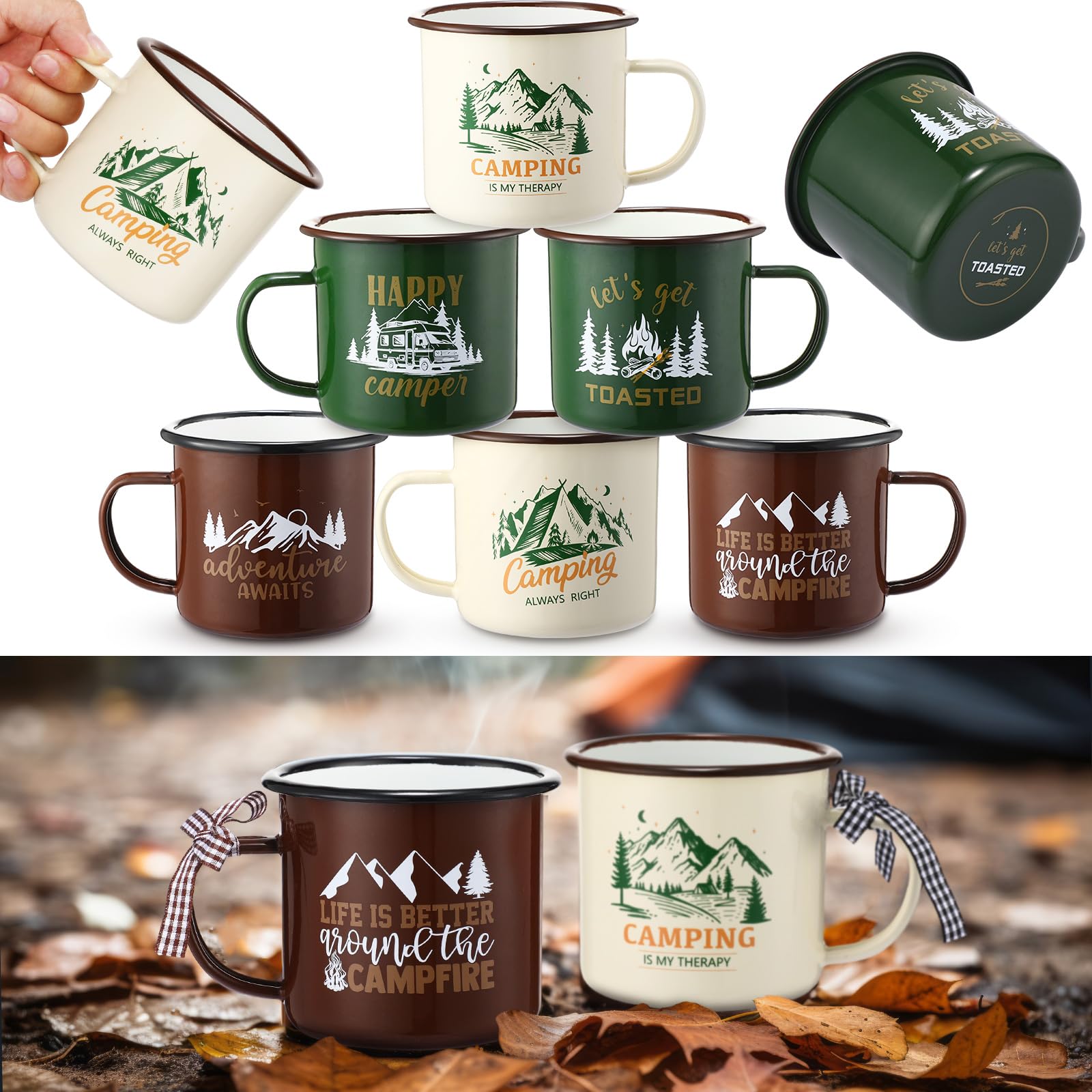 Maxcheck 6 Pack 12oz Christmas Mug Camping Set Enamel Campfire Coffee Cups, Happy Campers Design, 3 Styles Travel Mugs for Outdoor Use, Holiday Gifts for Camping Lovers Couples