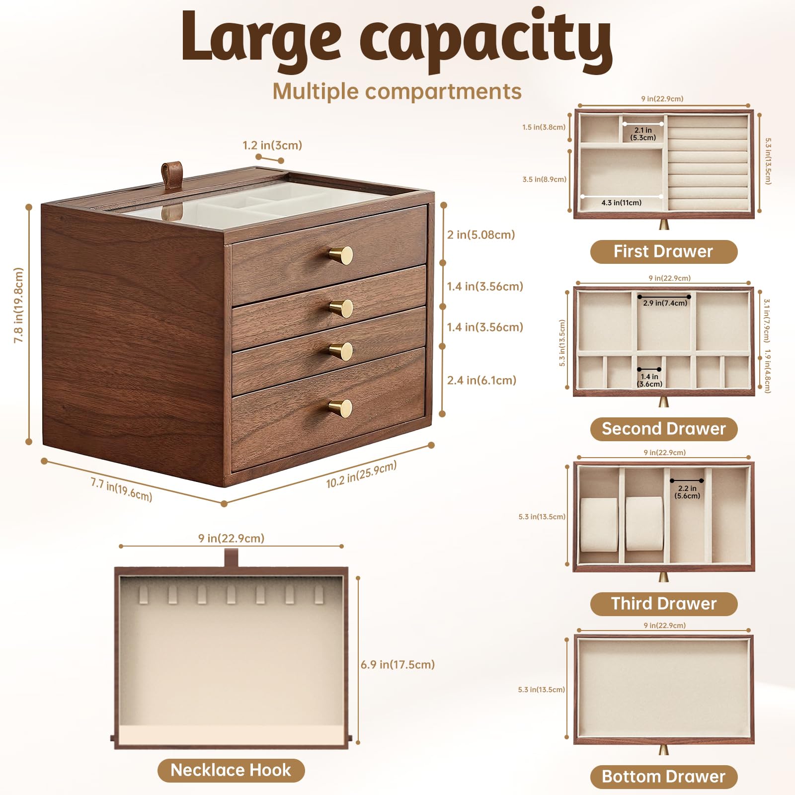Joyero grande de madera para mujer, organizador de 4 capas de nogal negro con tapa de cristal, caja de almacenamiento clásica para anillos, collares, pendientes, relojes, regalos del día de
