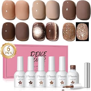 Peacecolor Gel Nail Polish Set 6PCs Cat Eye Jelly Glitter Nail Polish with Nail Magnet Nude Brown Neutral Fall Colors 10ML Soak Off Manicure Kit Gifts for Women Girls DIY Home Salon