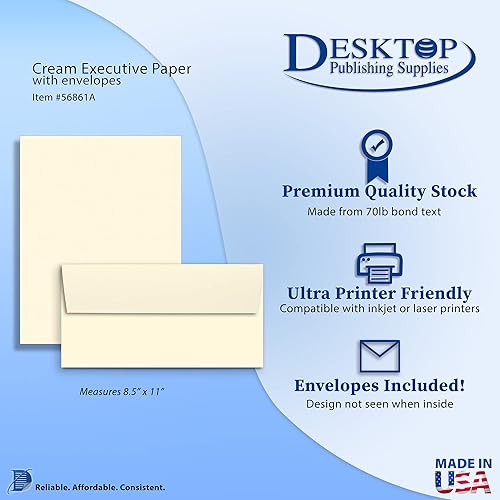 Miniatura 2 de Papel membrete y sobres en blanco, color crema natural, 100 juegos, papel ejecutivo único (7 x 10 pulgadas) con sobres a juego