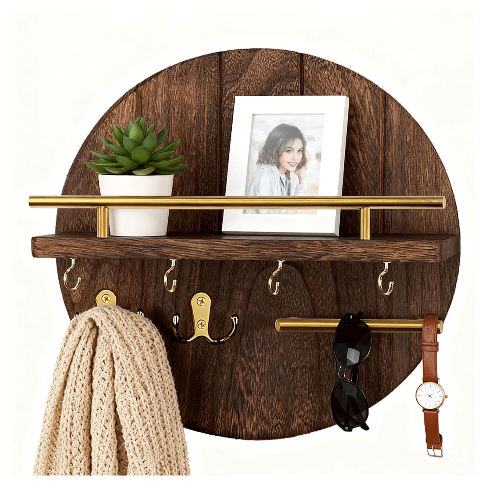 moyiw Wall Mounted Key Holder with Shelf, 11.8 Inch Round Wooden 6 Key Hooks Rack, Rustic Key & Mail Organiser for Entryway, Hallway, Kitchen, Office (Brown & Gold)