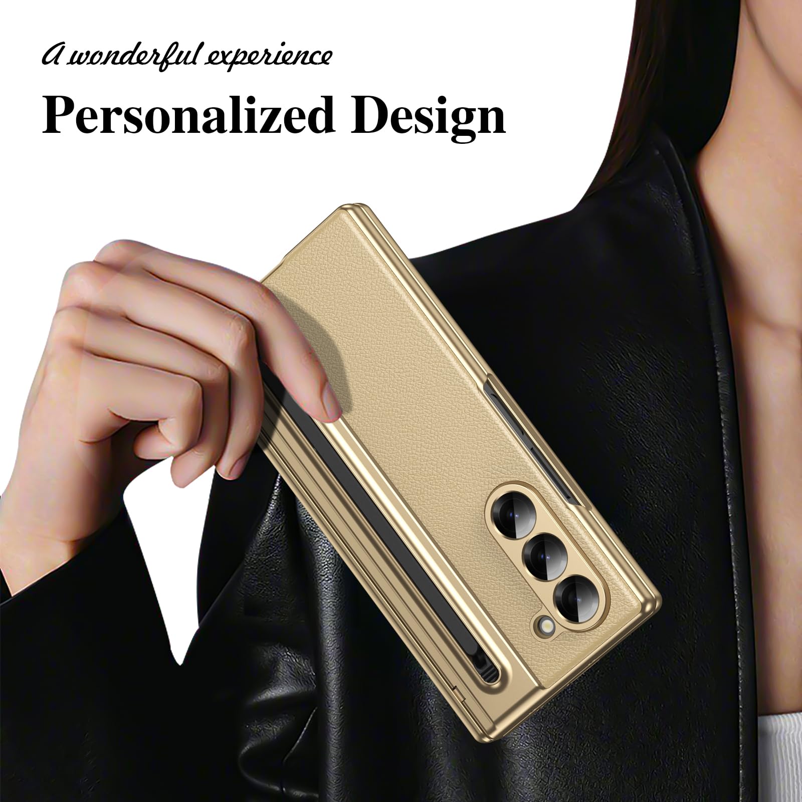 Per Samsung Galaxy Z Fold 5 Custodia con Supporto per S Pen, [Con Pellicola Protettiva in Vetro Temperato], Custodia in Pelle per Samsung Galaxy Z Fold5 con Protezione a Cerniera-Oro