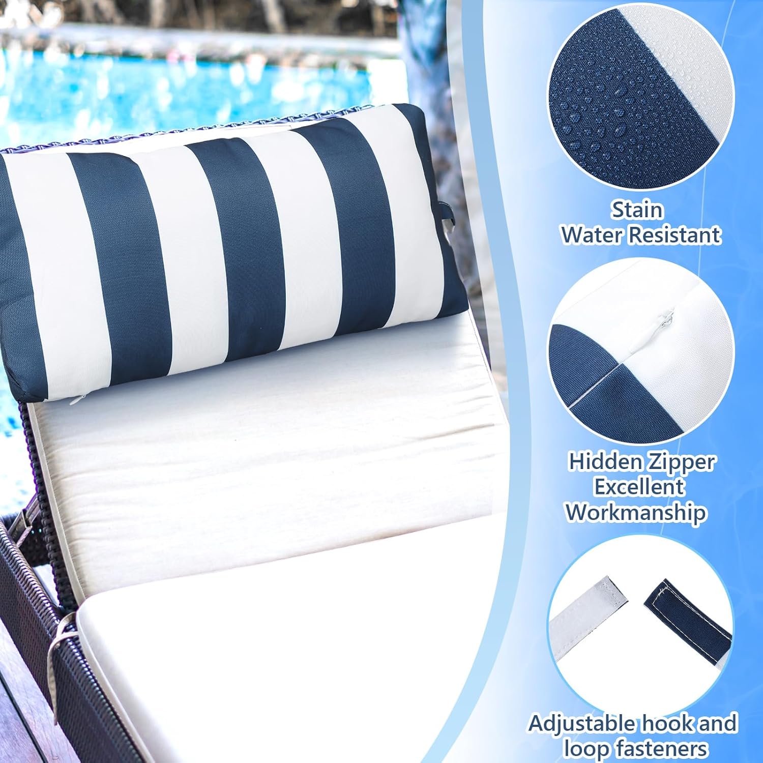 Ripeng 2 Pcs Headrest Pillow Pool Furniture Lounge Chair Pillows Patio Furniture with Adjustable Elastic Tape Band Head Support for Pool Patio Chairs Beach(Blue and White)
