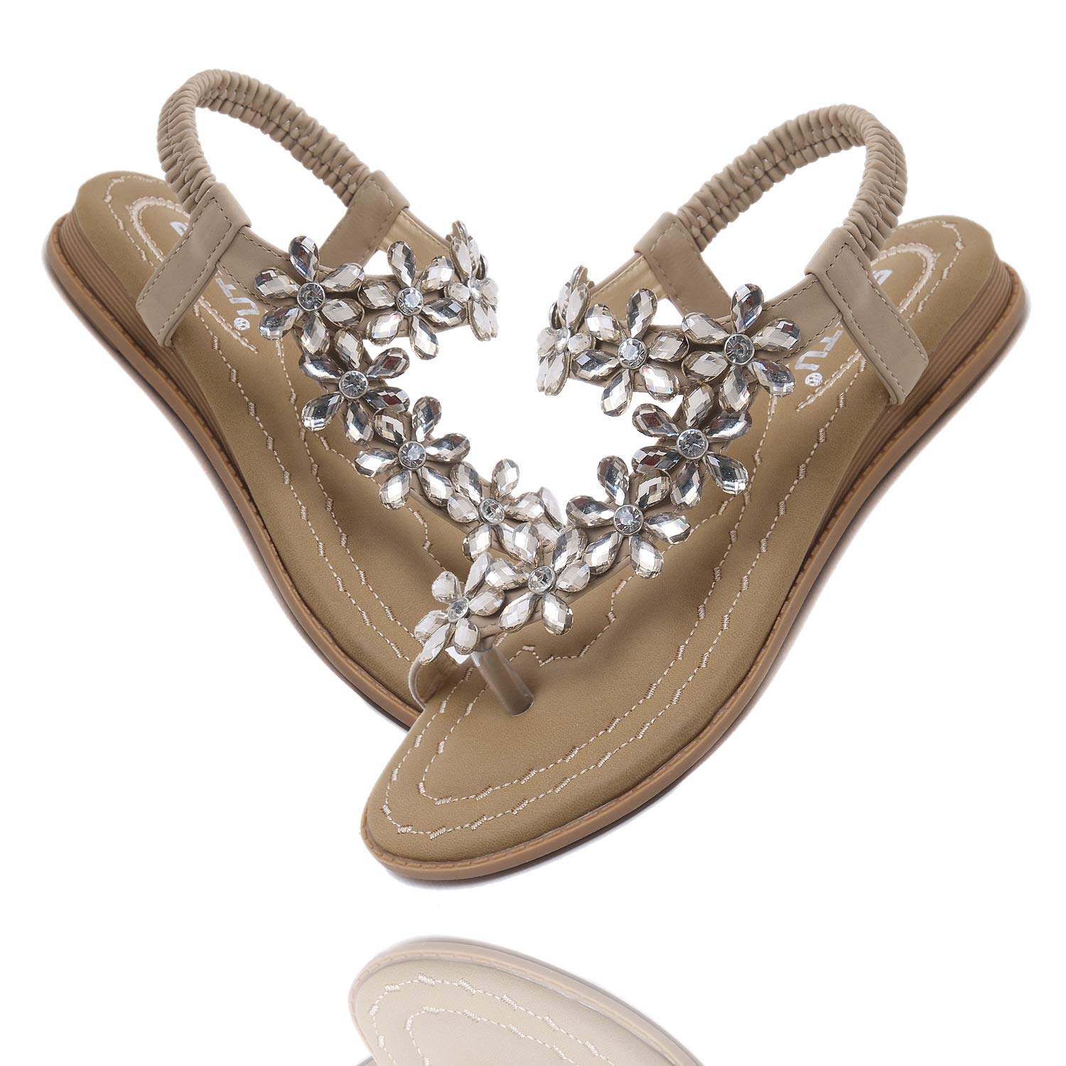 ZOEREA Mujer Sandalias Planas Verano Bohemia Estilo Rhinestone Flor Tobillo Correa Elástica Casuales de Playa Elegantes Chanclas Damas Zapatos