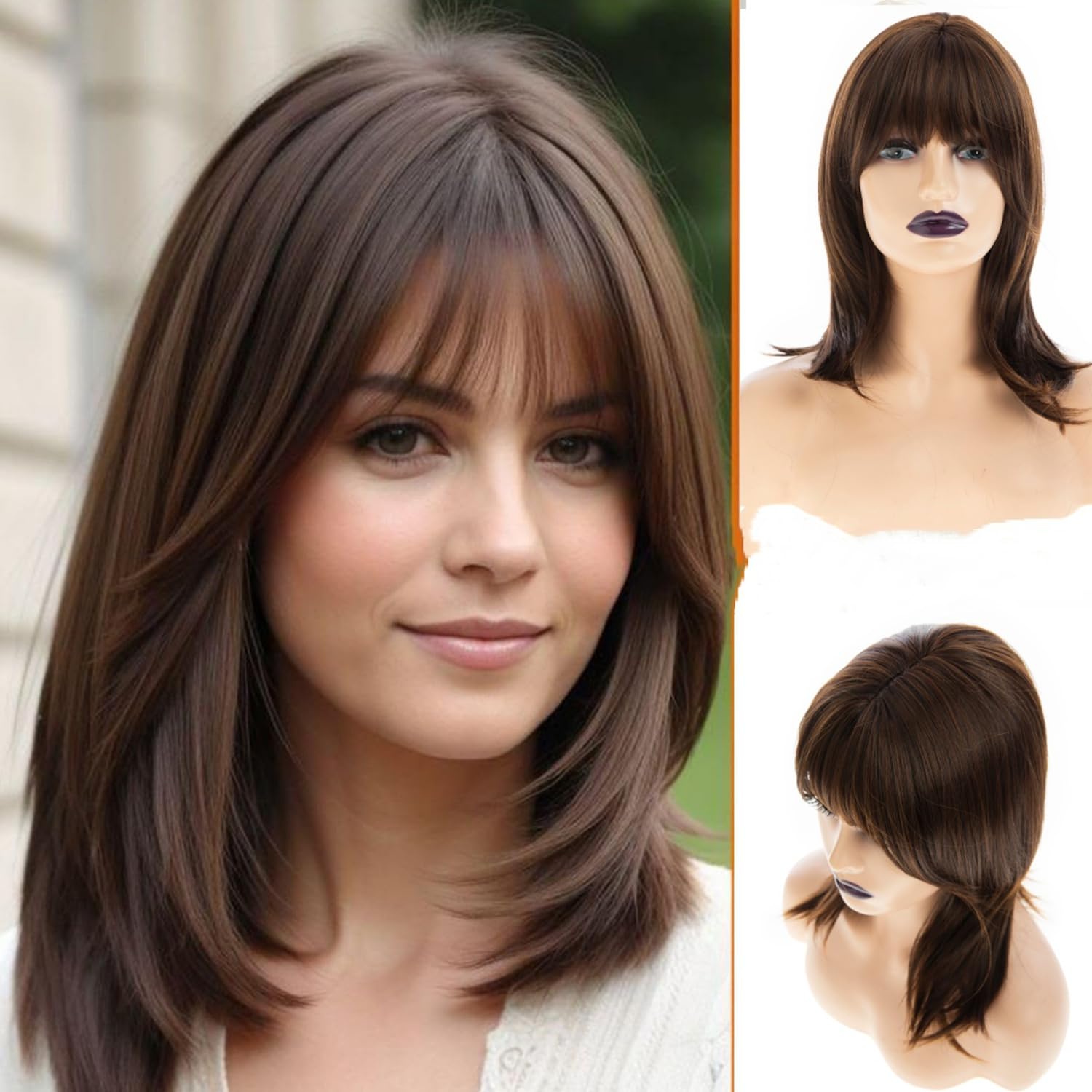 Long Brown Wigs for Women Natural Straight Layered Wig with Bangs Synthetic Heat Resistant Halloween Cosplay Party Hair Wig