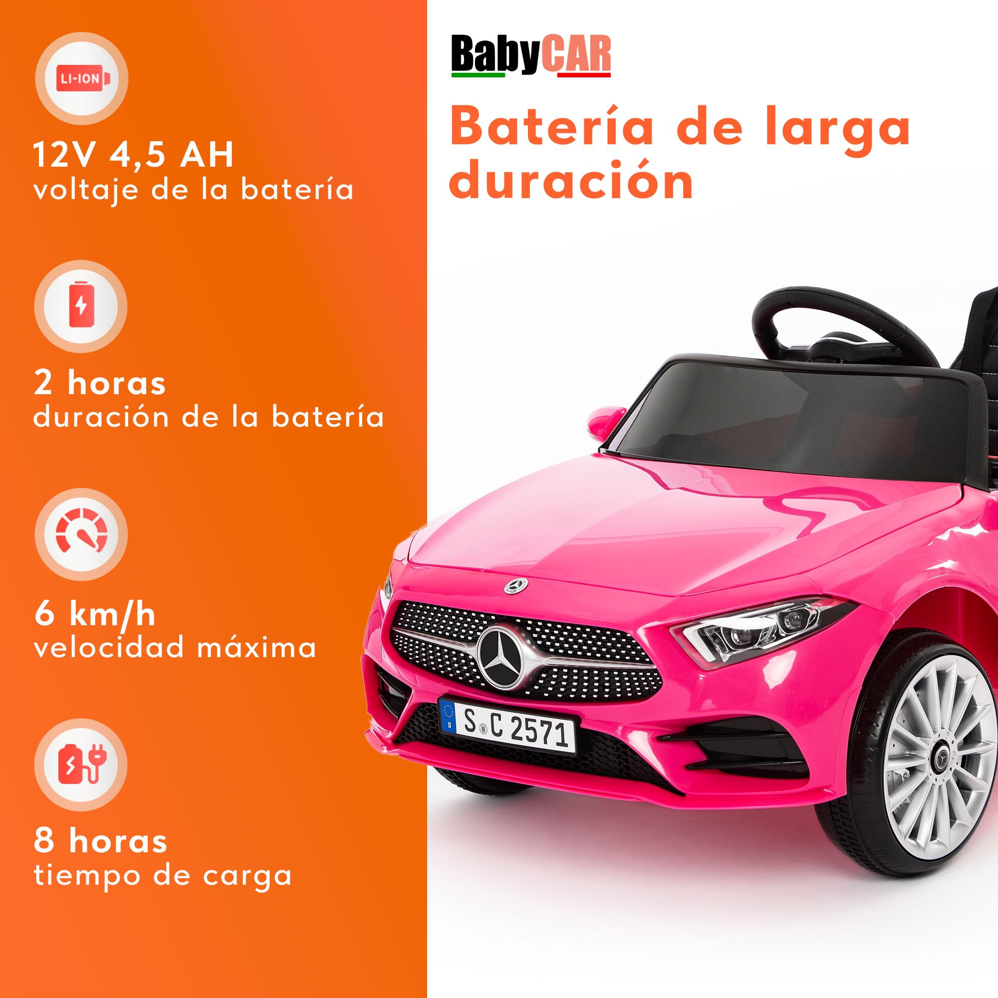 BabyCar Mercedes CLS 350 AMG | Coche Electrico para Niños 12V con 2 Motores 25W | Carro Electrico Infantil con Mando Parental, Asiento de Piel, Puertas Abatibles, MP3/USB | Mercedes Oficial | Rosa