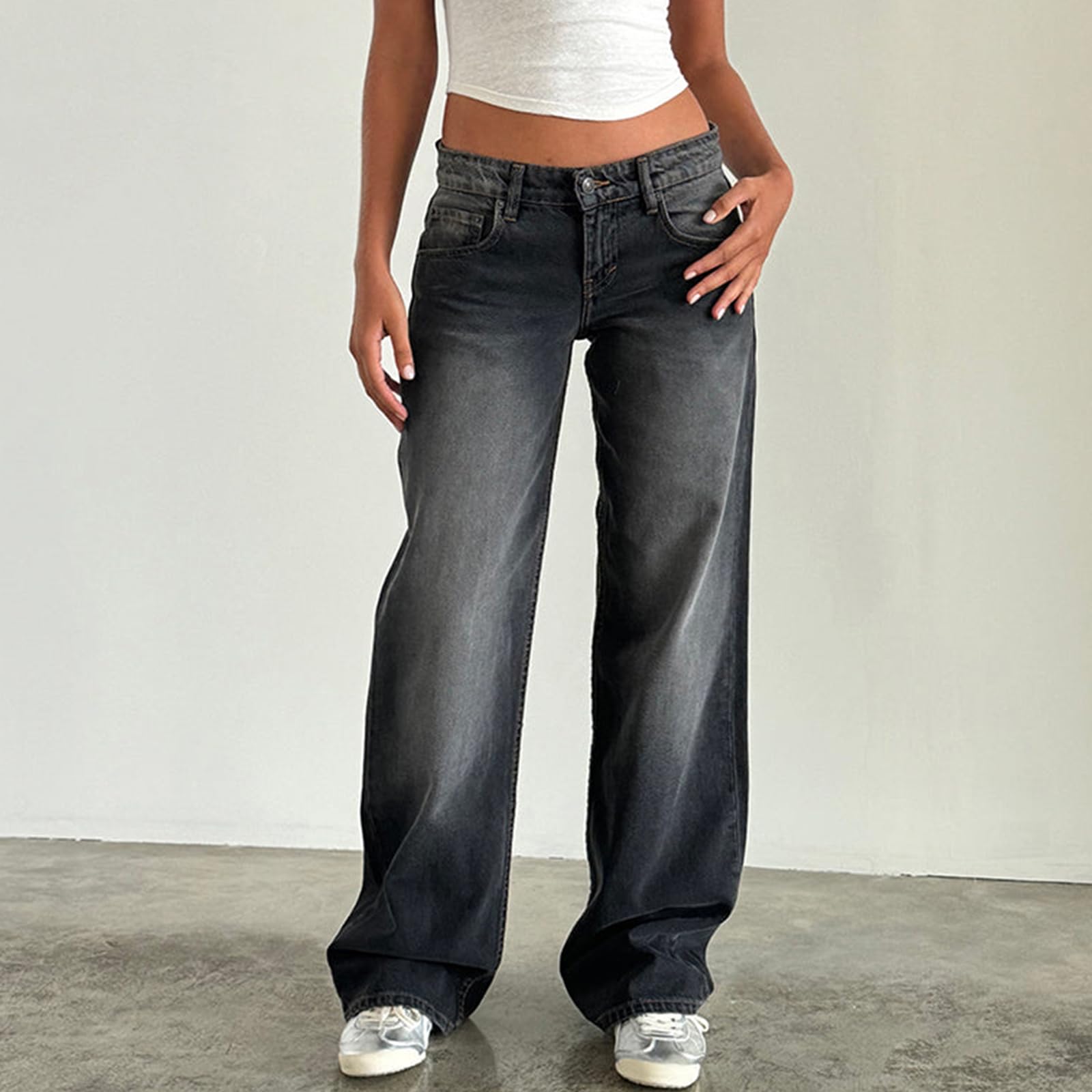 Yassiglia Damen Baggy Jeans Y2K Low Rise Wide Leg Jeans Boyfriend Jeans für Frauen Casual Baggy Hose mit Tasche