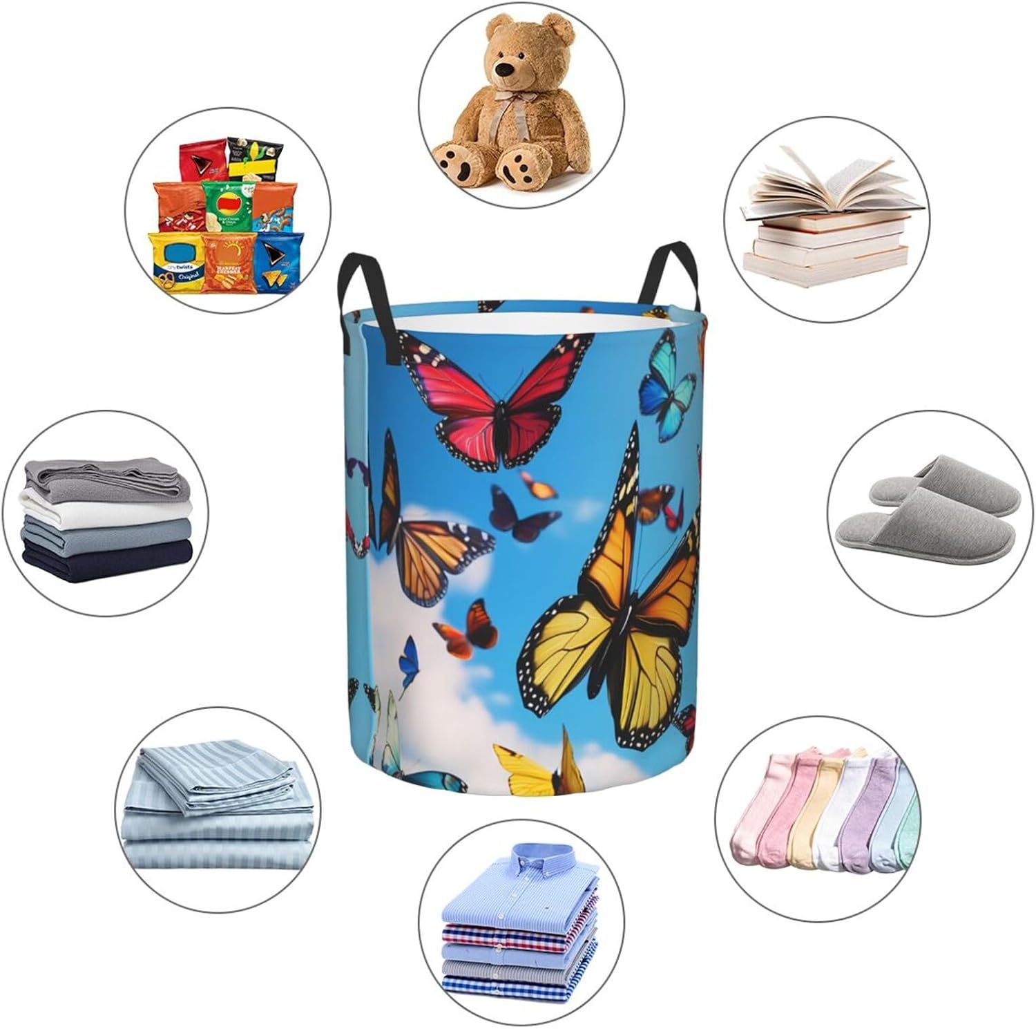 Butterflies flying Round Single-layer Laundry Basket, Portable Storage Laundry Basket, Bedroom Clothes Storage Basket with Handle