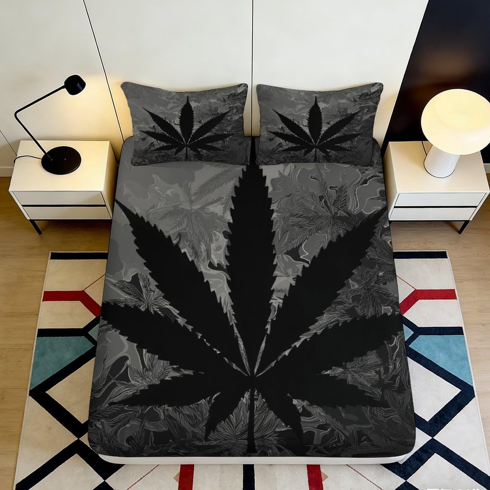 3D Printed Black Cannabis Leaf Fitted Sheet Microfiber Soft Grey Botanical Bed Cover for Bedroom Guest Room Decor 90x200x25cm