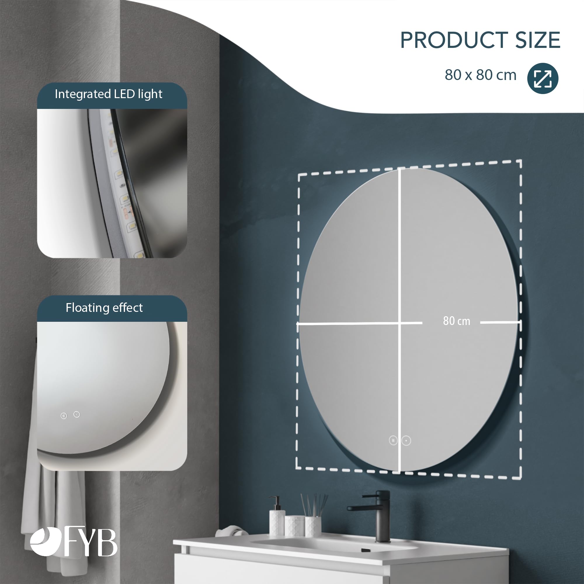 Espejo de Baño Redondo Ø80 cm con Luz LED Regulable, Antivaho, Interruptor Táctil