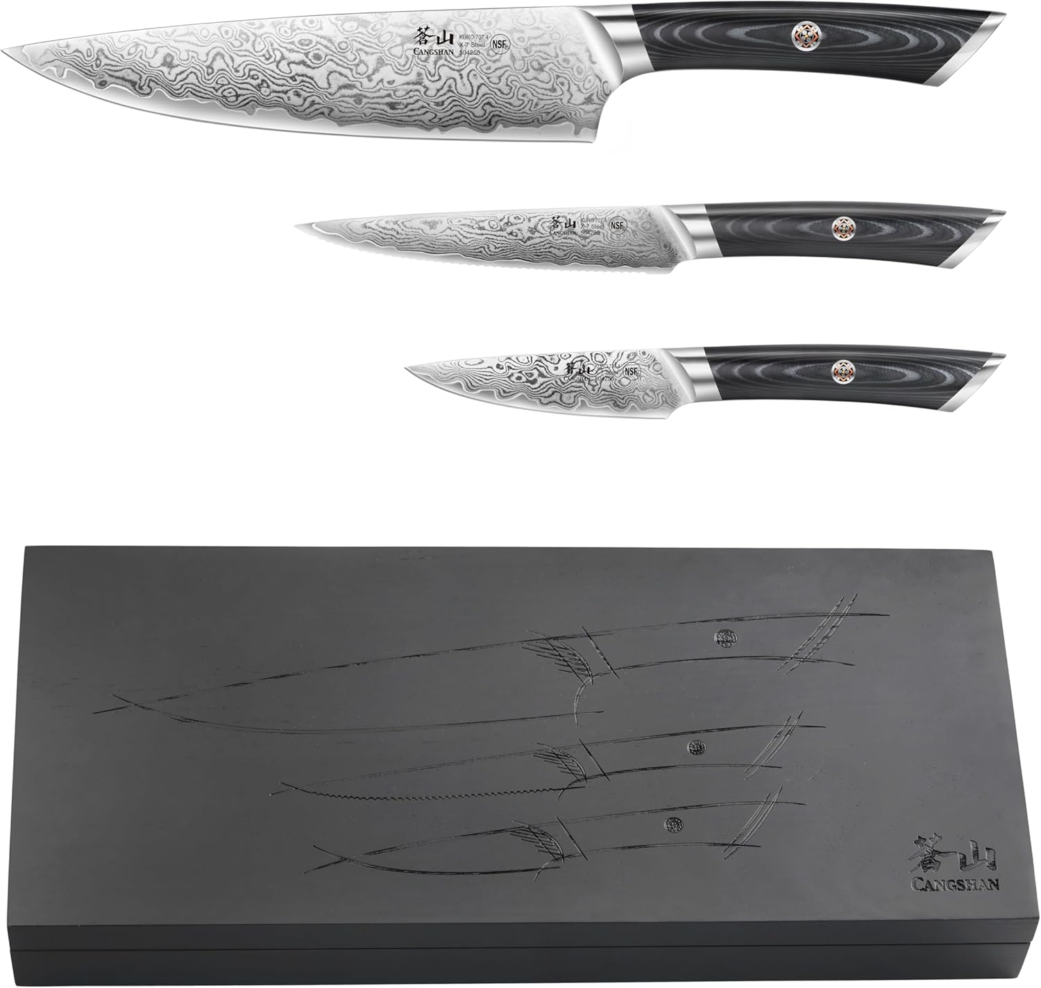 Cangshan KURO Series 3-Piece Starter Knife Set with Ash Wood Box, High Carbon X-7 Damascus Steel, 504319