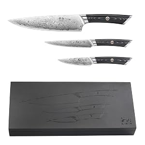 Cangshan KURO Series 3-Piece Starter Knife Set with Ash Wood Box High Carbon X-7 Damascus Steel 504319